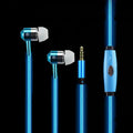 Blue Magic Light LED earphones with glowing stems, 3.5mm plug, and inline remote on a dark background.
