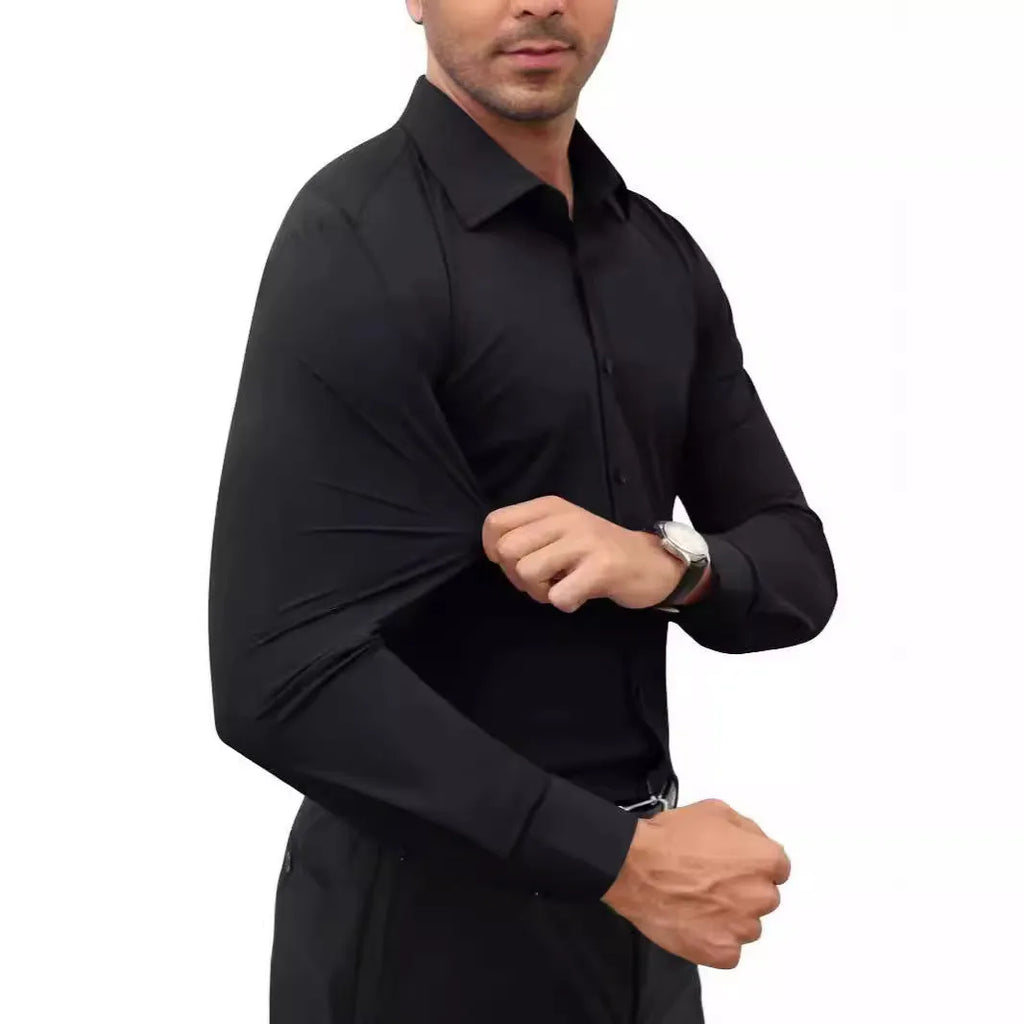 Men's long sleeve cardigan shirt in solid colour with polyester four-way stretch fabric, full elastic force construction