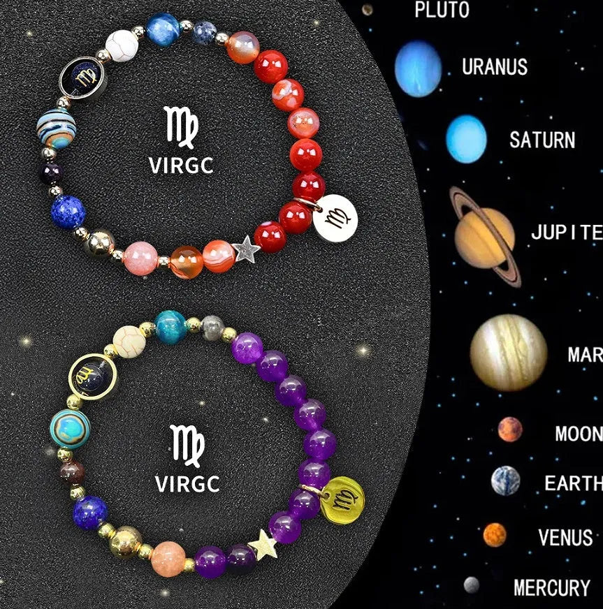 Set of twelve natural stone beaded bracelets, each representing a different zodiac sign.