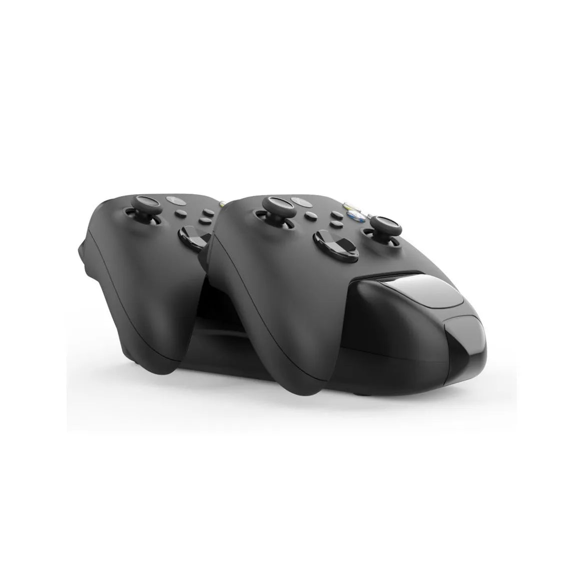 Black Xbox Series X wireless controller dual charging dock with two battery packs on station.