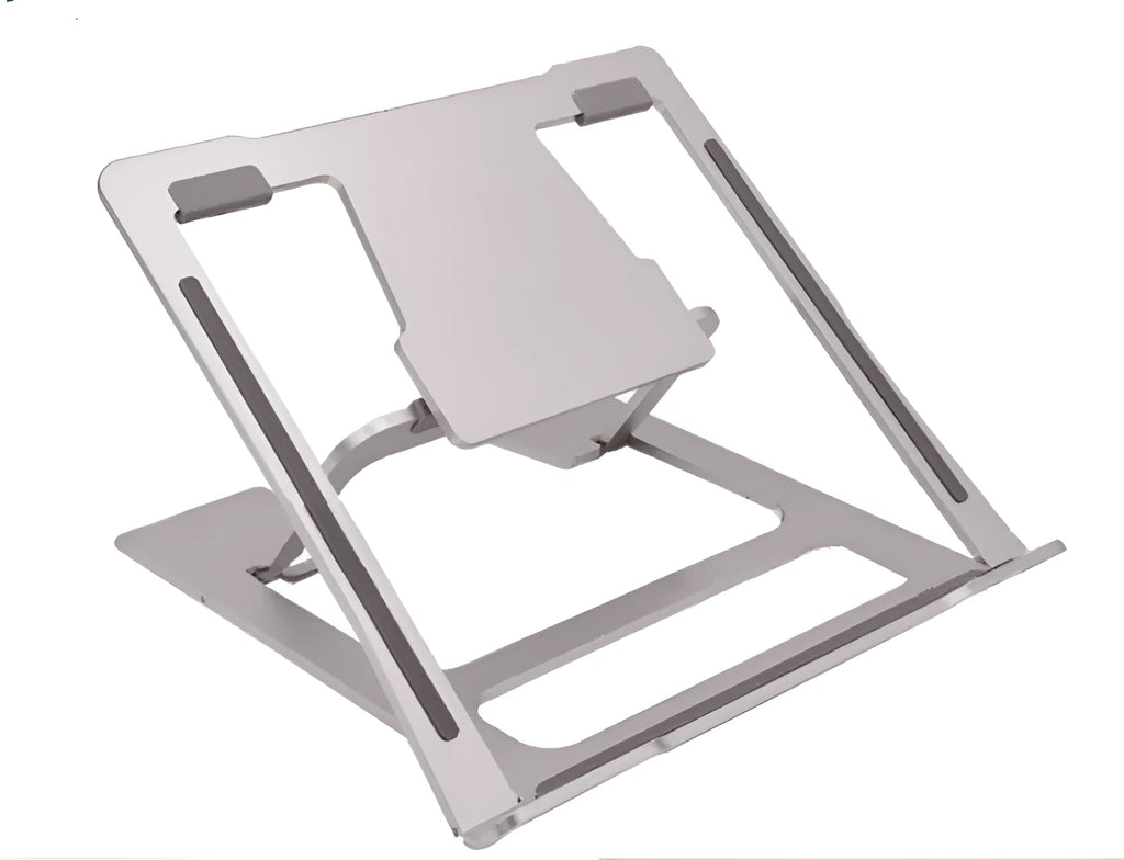 Silver aluminium foldable laptop stand with double silicone snaps, measuring 240x230x18mm, on a desk