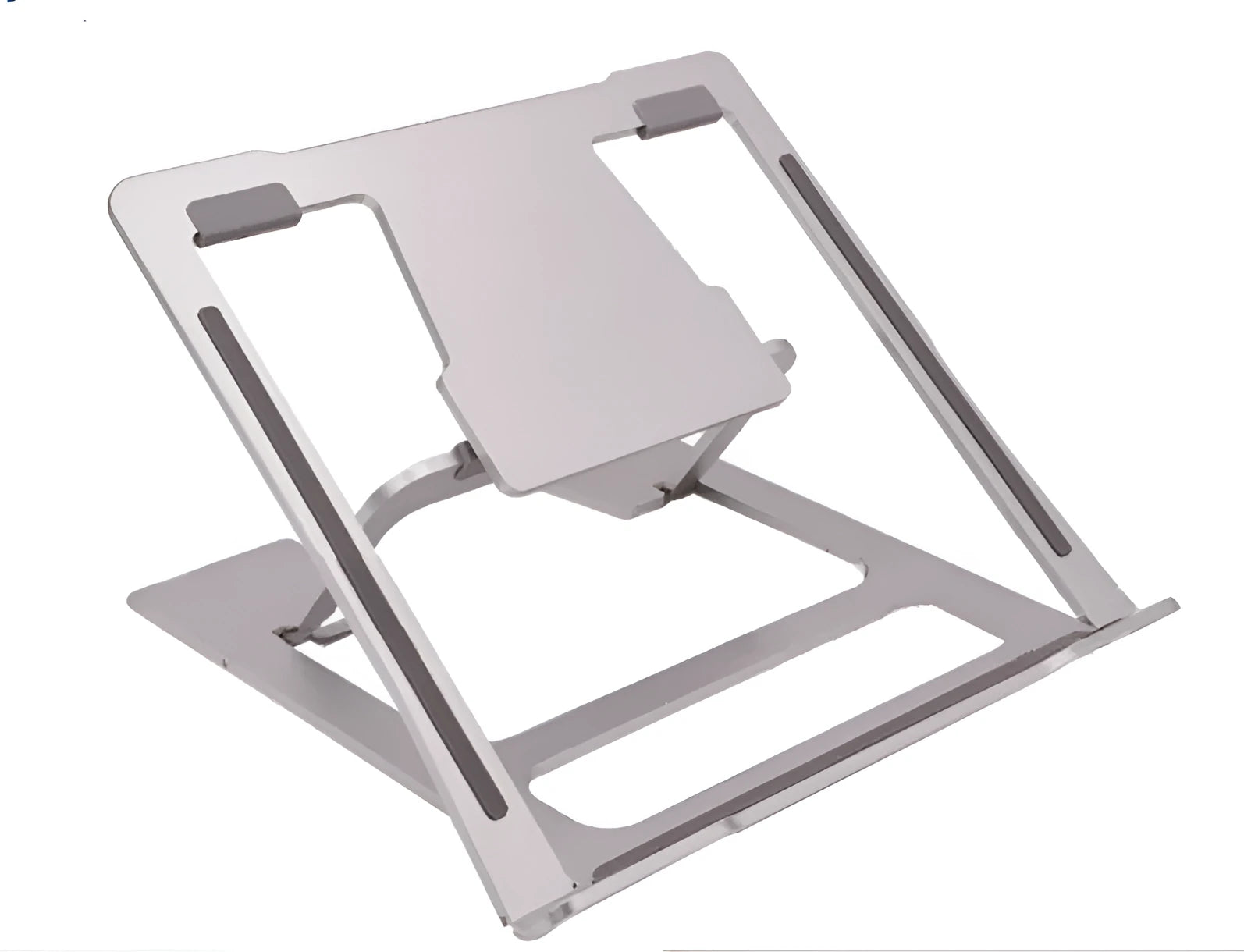 Silver aluminium foldable laptop stand with double silicone snaps, measuring 240x230x18mm, on a desk