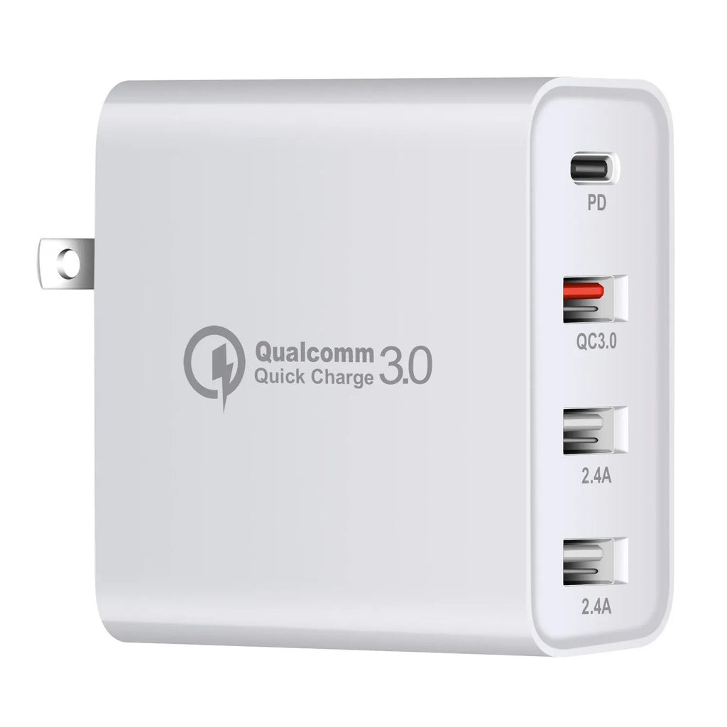 Black 48W four-port USB-C PD fast charger with LED indicators showing charging status