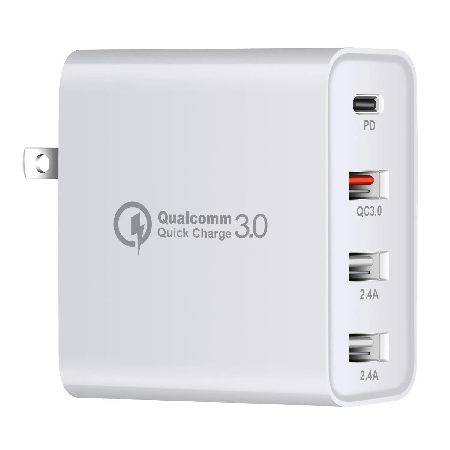 Black 48W four-port USB-C PD fast charger with LED indicators showing charging status