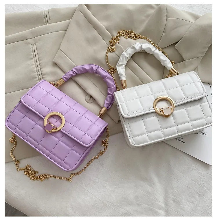 Women's solid colour PU leather small square crossbody bag with messenger chain in Black, Purple, and White