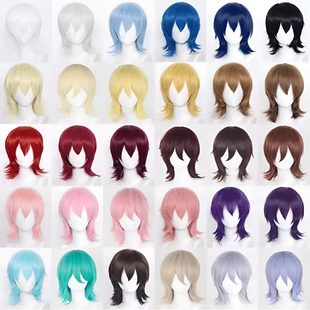 Short anime style cosplay wig with anti-curling hair tail in high-temperature fiber material
