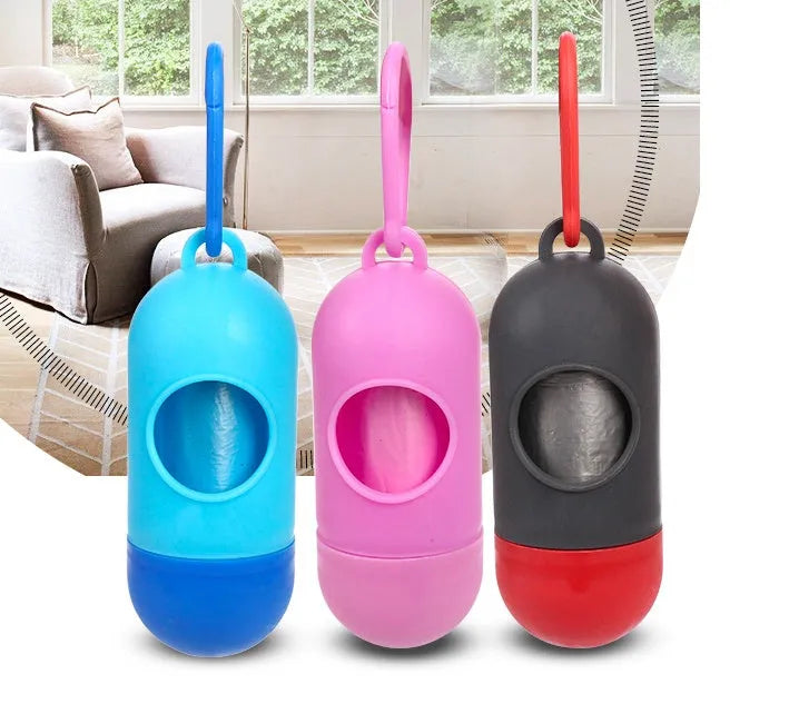Set of five coloured dog waste poop bags showing black, blue, red, green, pink, and purple options.