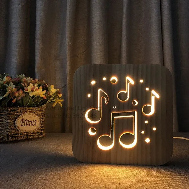 Square pine wood USB LED atmosphere lamp emitting warm white light.