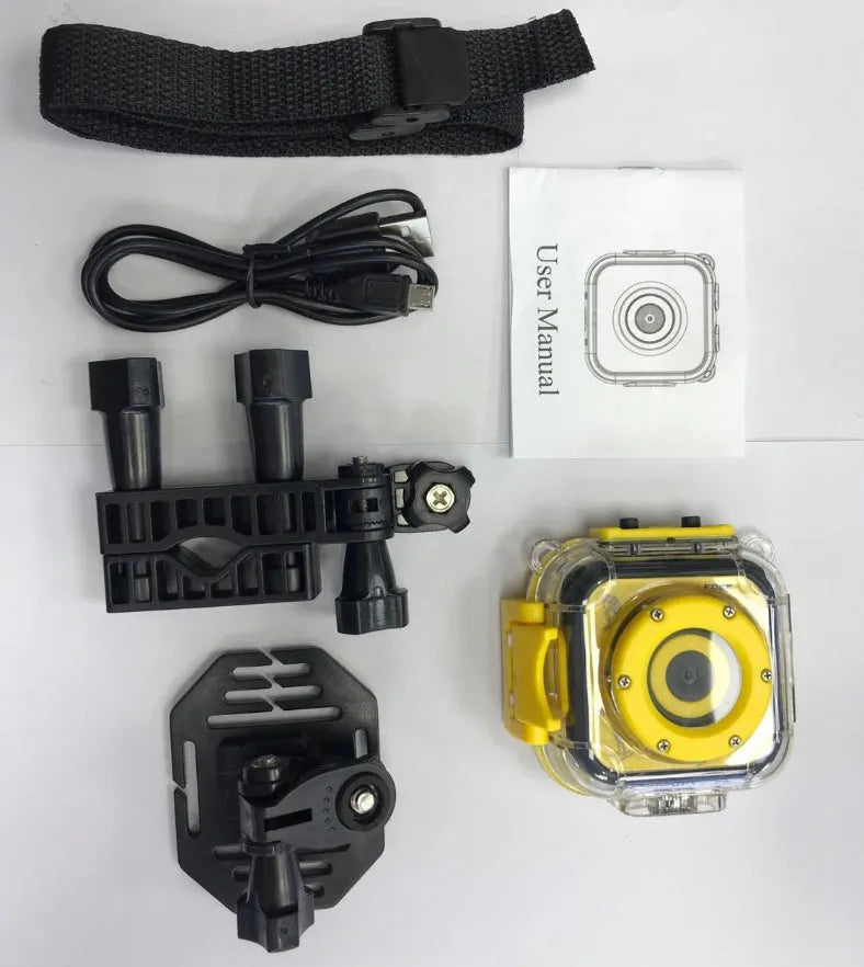 Yellow children's waterproof sports camera with 1.77-inch screen showing outdoor scene
