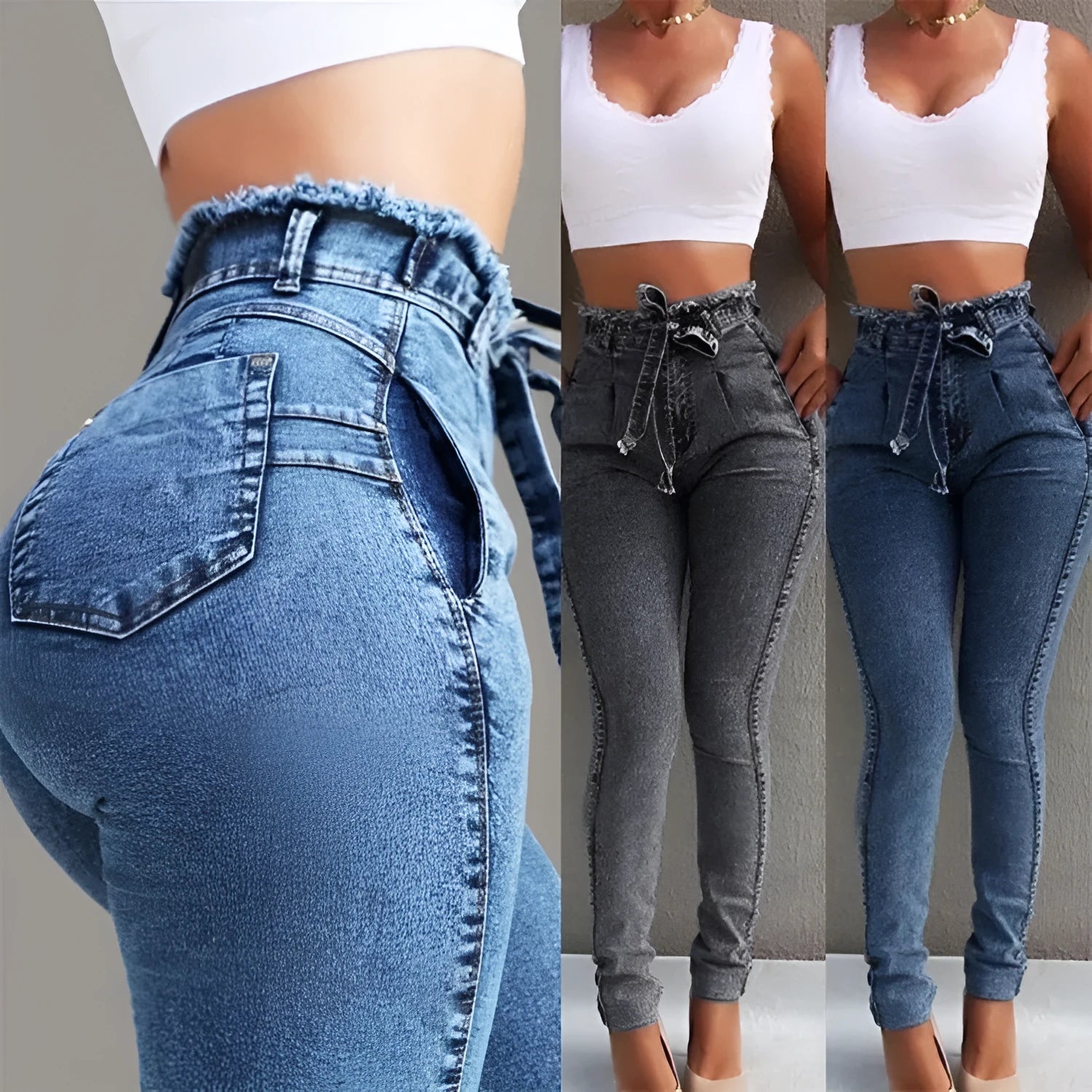 Fringed jeans with frayed hem in cowboy fabric, shown in light blue, on a neutral background.