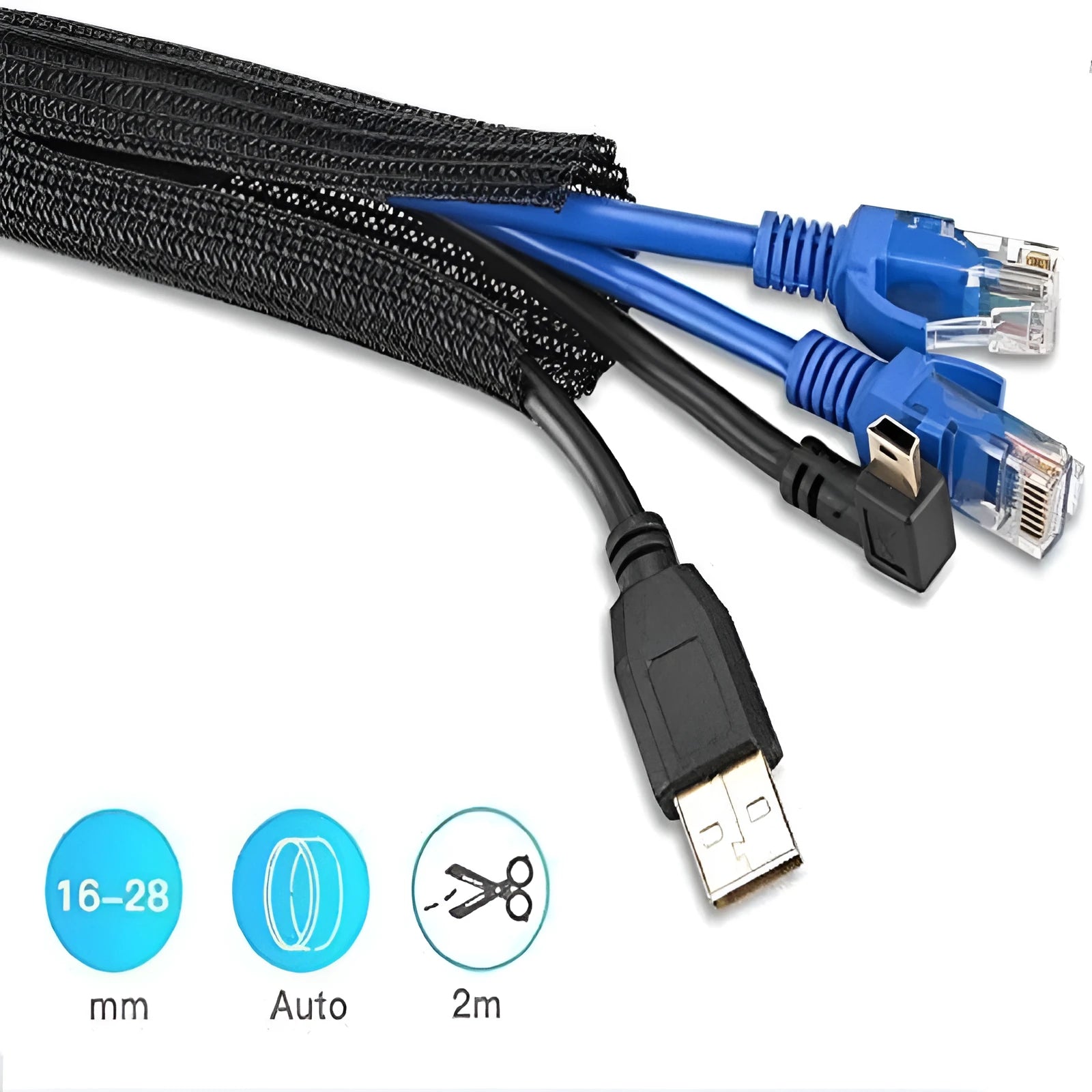 Black self-winding expandable polyester mesh sleeve for automotive wire protection and cable management.