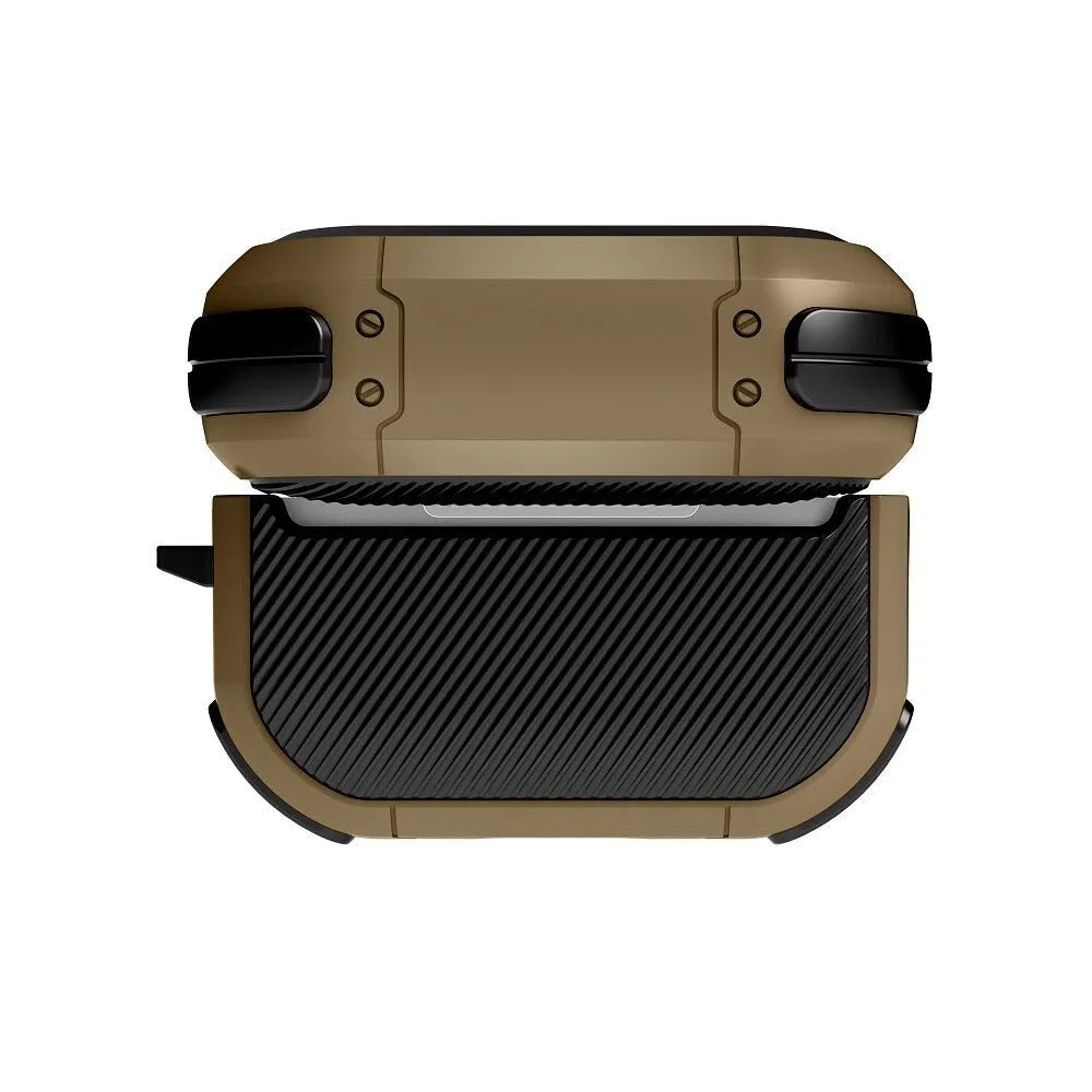 Black TPU and PC protective case for Apple AirPods Pro and AirPods 1/2 models on a white background.
