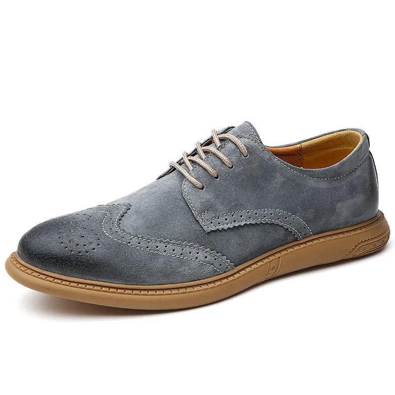 Men's low-top lace-up business shoes in genuine cowhide leather, shown in grey, sand, black, and green colour options.
