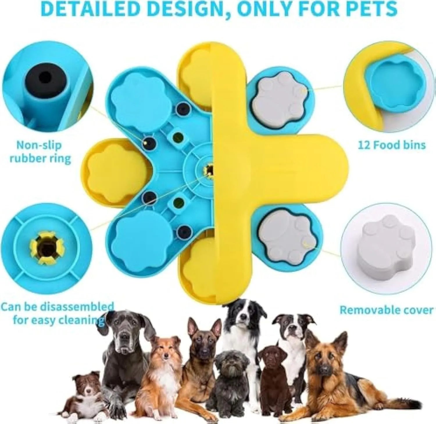 Yellow three-layer rotating dog puzzle feeder toy with claw-shaped lids on a non-slip base.