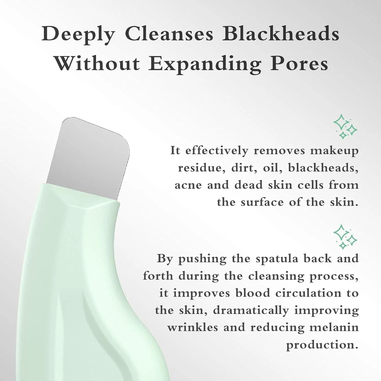 Stainless steel blackhead scraper and green silicone face spatula skin care tool.