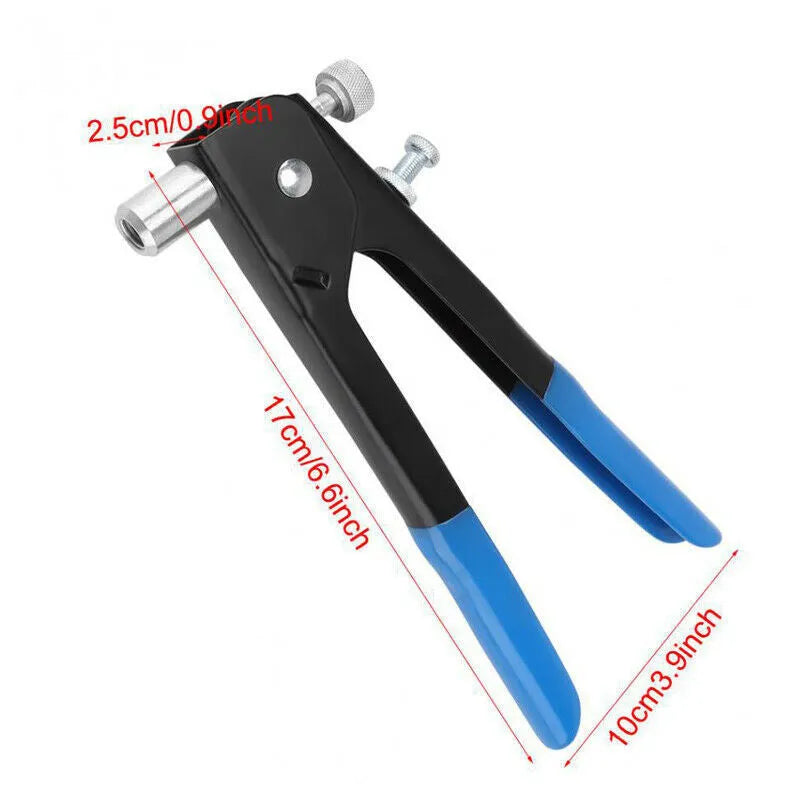 Alloy steel manual riveter nut tool set with spare rivet nuts on a workbench.