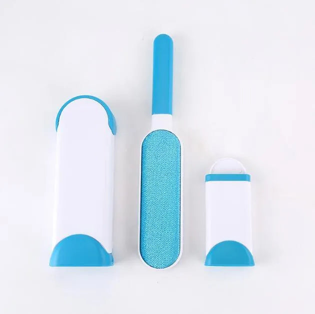 Blue reusable pet hair removal comb with double-sided lint brush and self-cleaning base