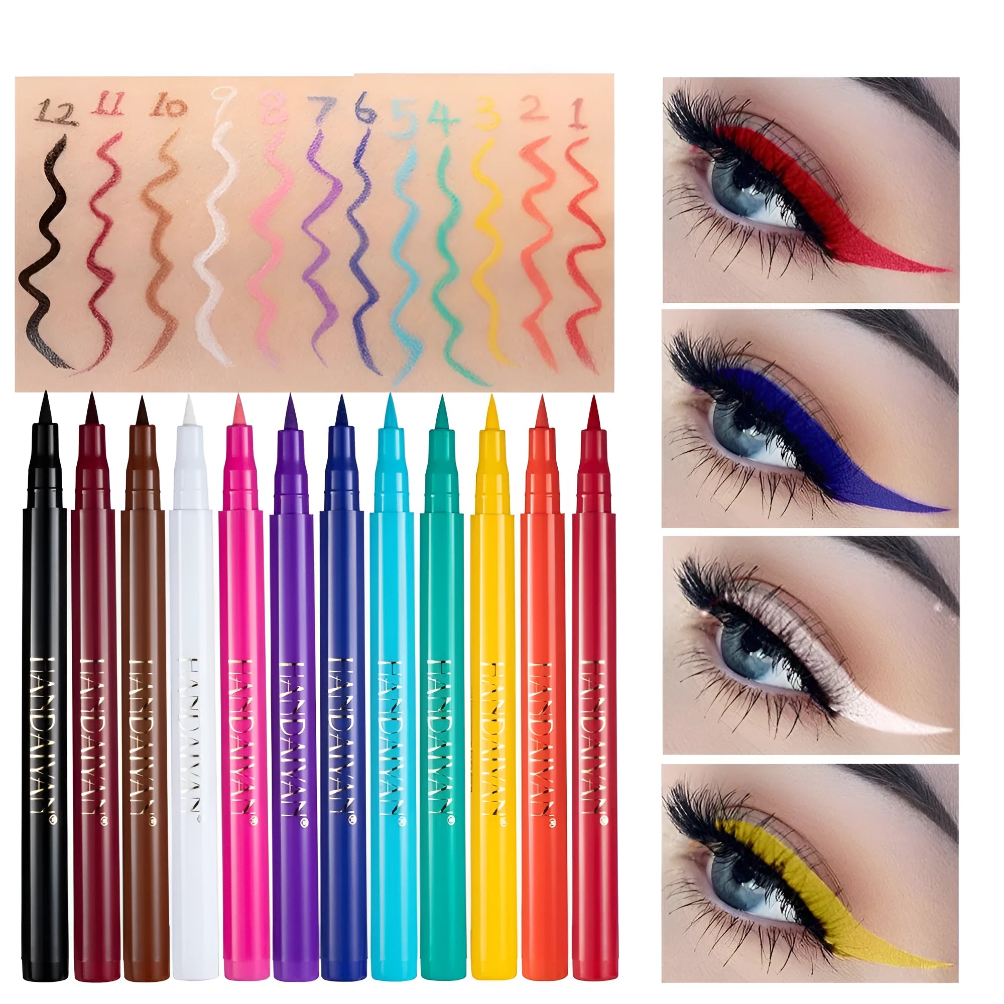 12-colour matte eyeliner set with waterproof long-lasting formula, each in 1x1x13.5cm cardboard packaging