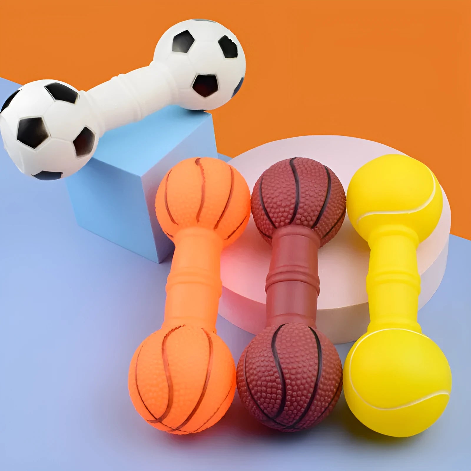PVC football dumbbell shaped dog chew toy with squeaker in assorted colours