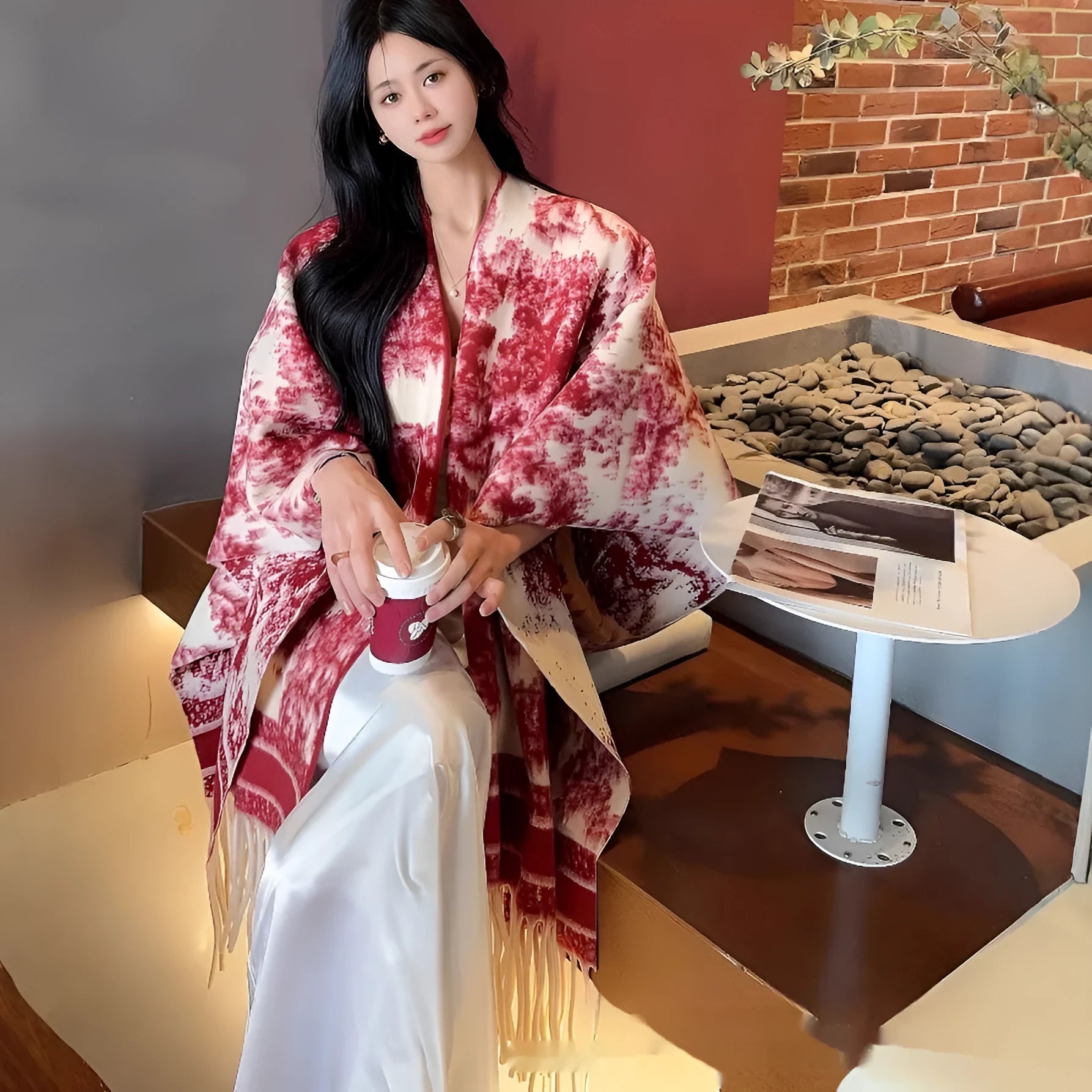 Women's polyester tassel scarf cape draped as shawl in casual style