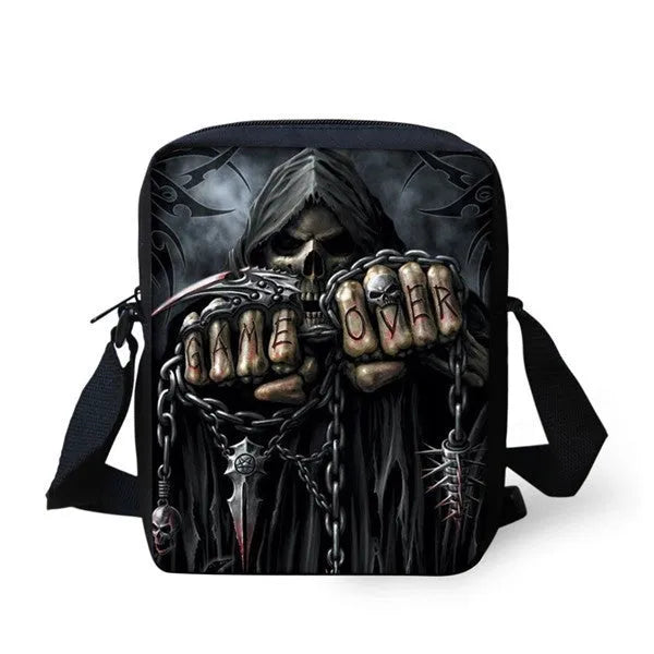Children's skull print polyester messenger bag with shoulder straps, shown in a medium size.
