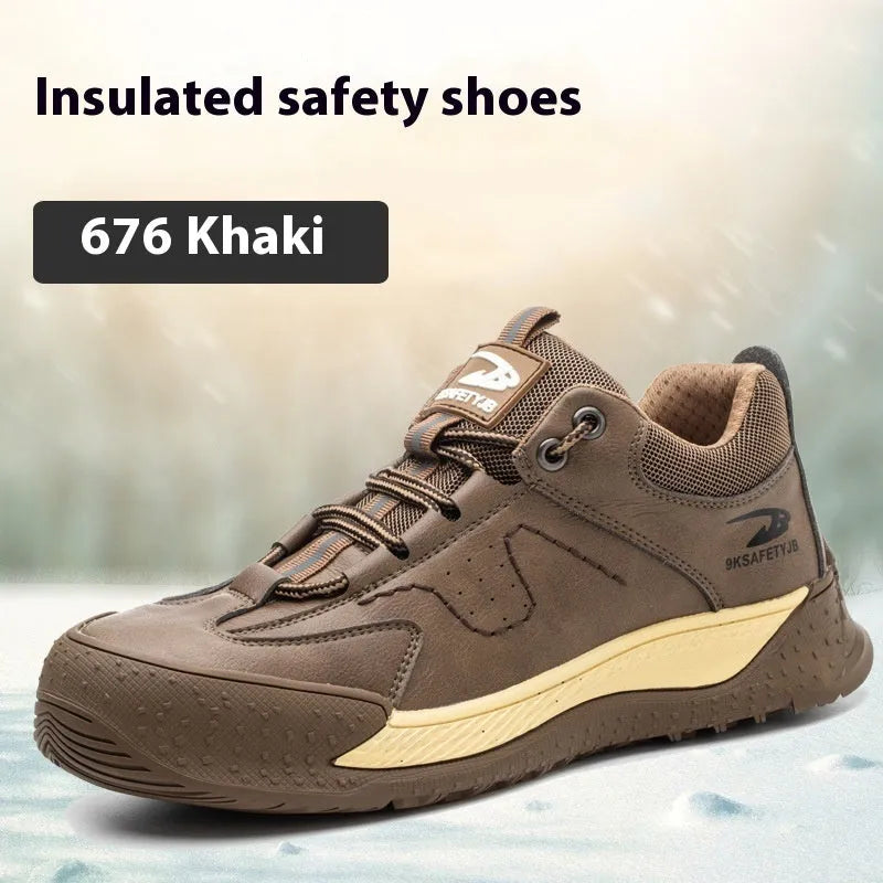 Flyknit safety work shoes with leather upper and rubber sole in multiple colours