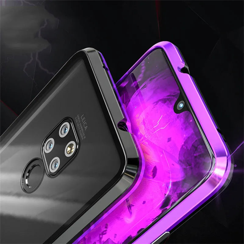 Magnetic metal phone case with tempered glass back for Huawei smartphones showing magnetic attachment points