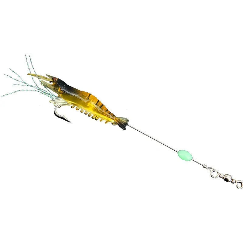 Luer soft fishing lure with integrated hook showing colour variations including black head yellow body and luminous options
