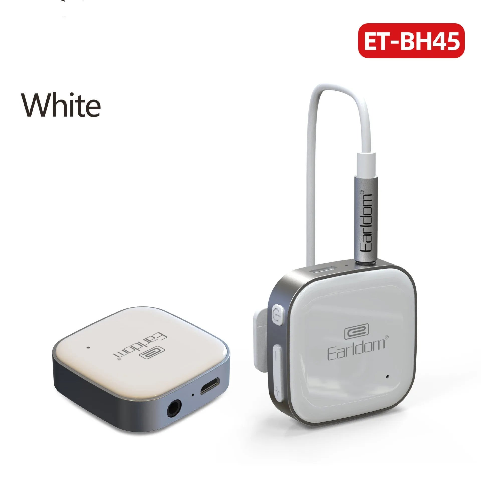 Black Bluetooth lavalier headset with clip, shown alongside packaging.