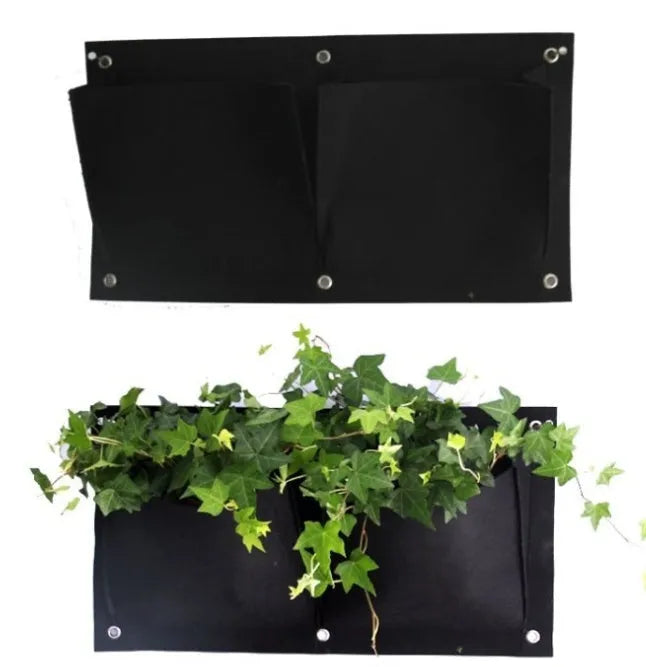 Vertical felt wall garden planter with multiple planting pockets hanging on outdoor wall