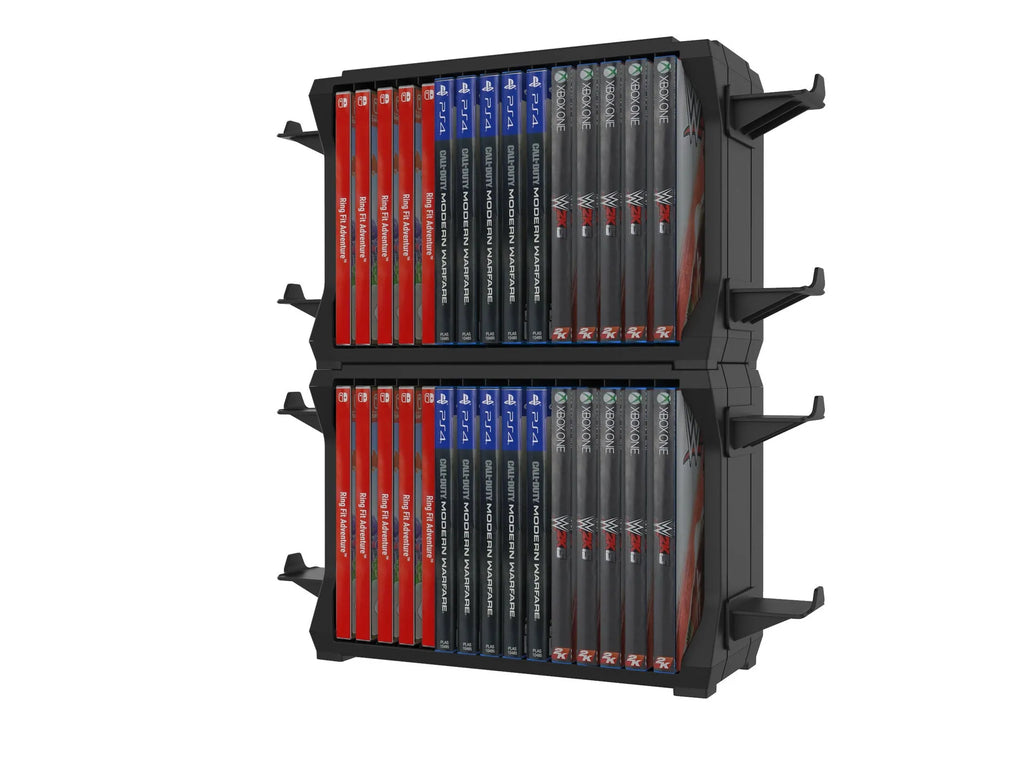 Black PS5 and Xbox Series X disc holder with slots for games and a rack storing four controllers.