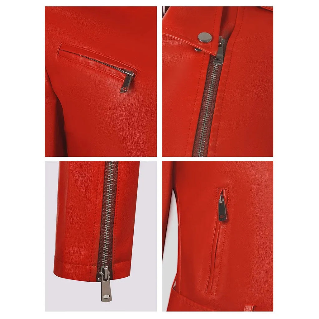 Women's black PU leather motorcycle jacket with lapel collar and a short belt fastened.