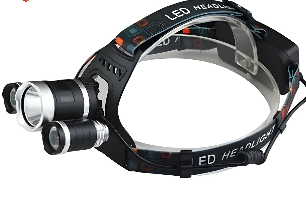 Rechargeable aluminium alloy headlamp with adjustable headband showing 360-degree rotation capability