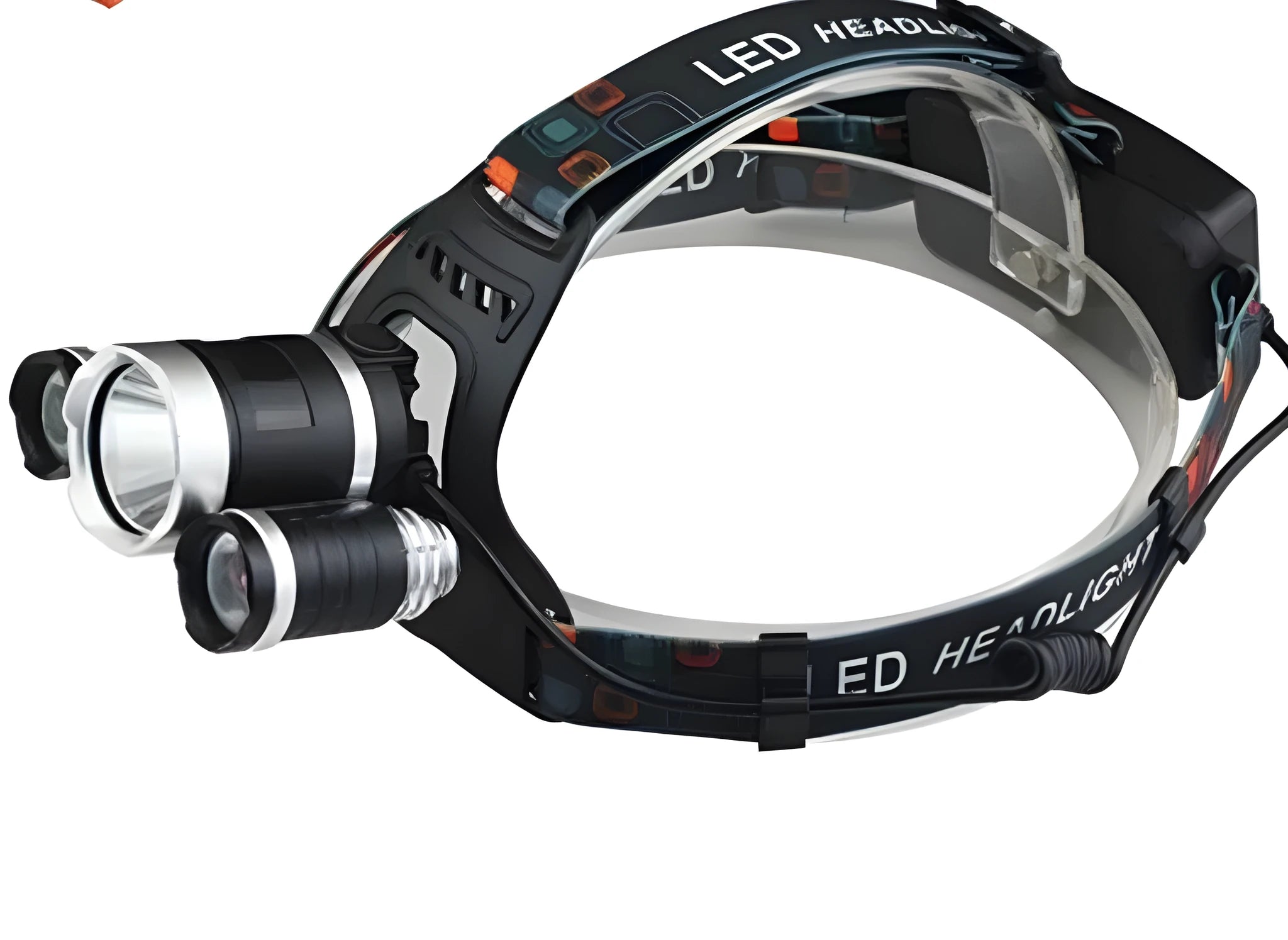 Rechargeable aluminium alloy headlamp with adjustable headband showing 360-degree rotation capability