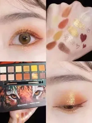 Explorer twelve-colour animal themed pressed powder eye shadow palette open to show shades