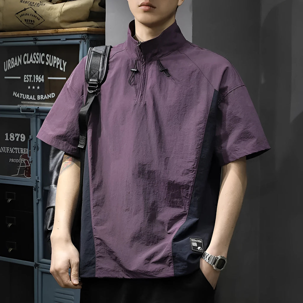 Men's brown half-zip stand collar business shirt with short sleeves and loose fit for summer wear