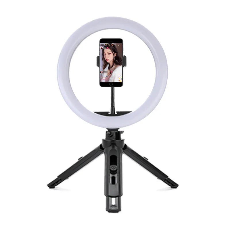 10-inch rotating ring light on a 19 cm metal stand for mobile phone selfies and live streaming.