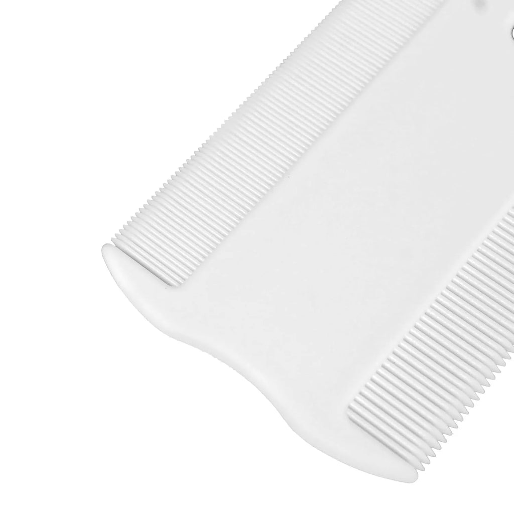 Double-sided plastic flea comb for dog and cat facial grooming showing dense teeth and compact size