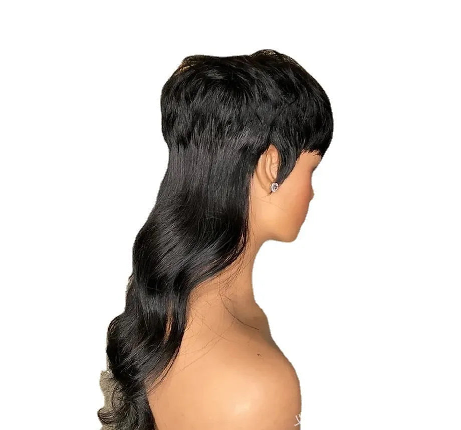 Black Brazilian synthetic wig with bangs featuring front short back long hairstyle