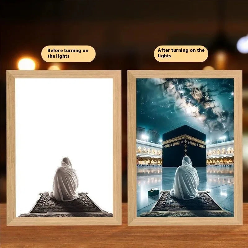 Modern rectangular LED light painting frame showing a sea and home scene on a wall.