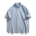 Blue striped short-sleeved overalls shirt in loose cardigan style for men and women