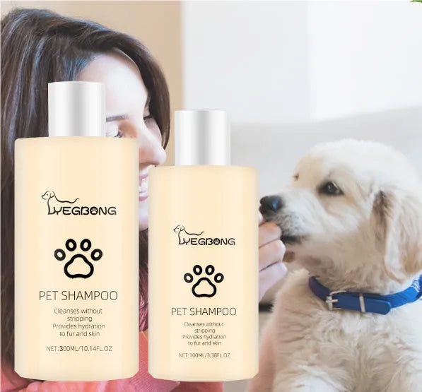 Bottle of mild pet shampoo for cats and dogs that softens fur and helps with knots