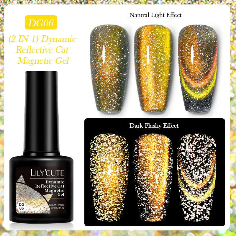 Cat eye effect nail polish gel bottle with diamond glitter in one of six colour styles