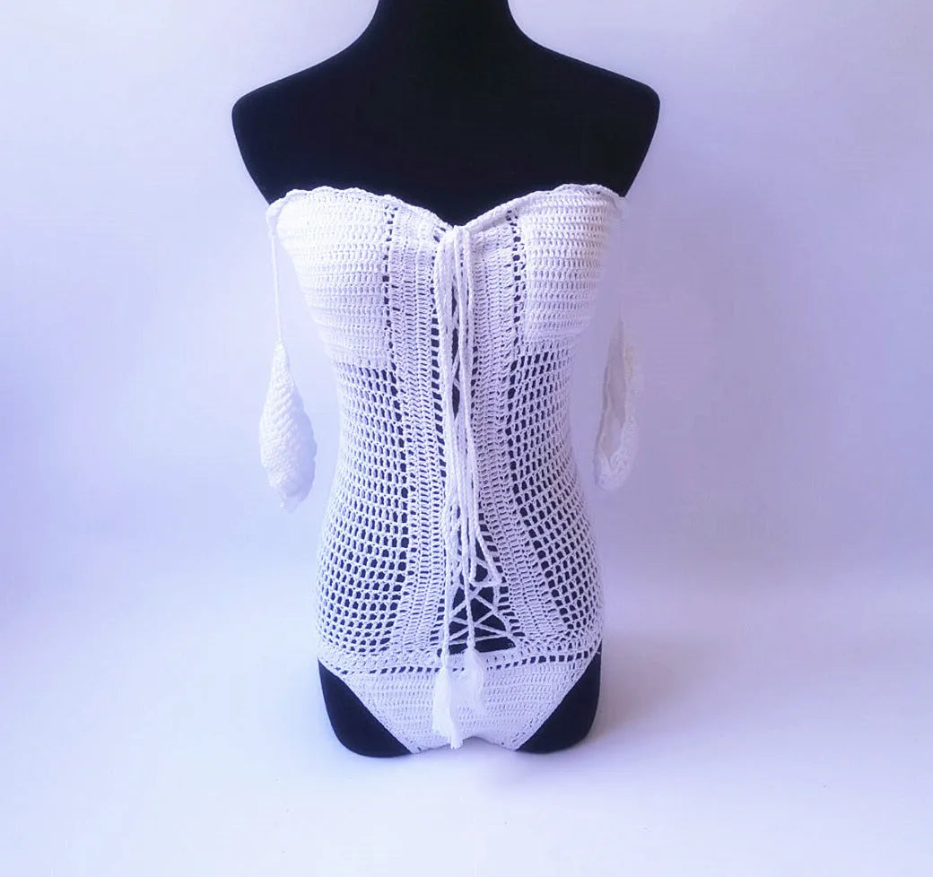 Off-shoulder one-piece swimsuit in white, black, grey, green, or pink.
