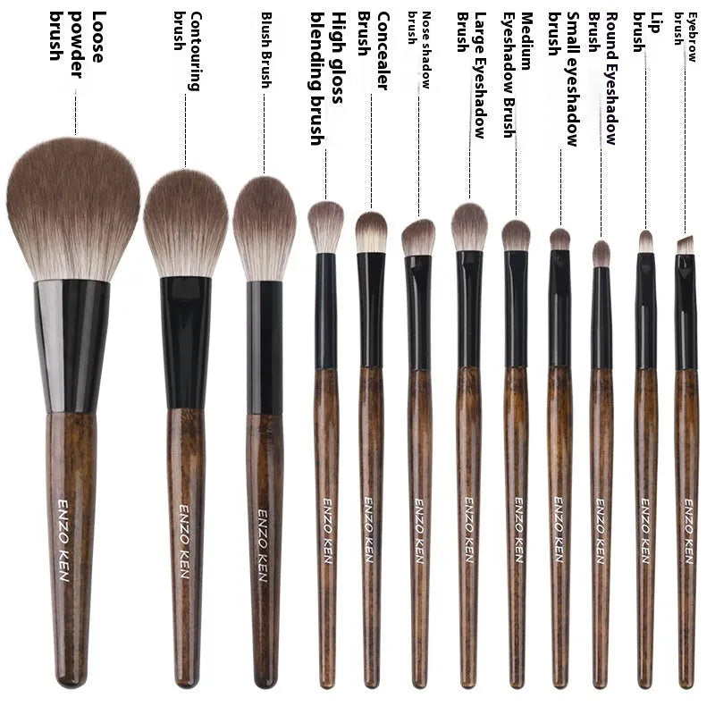 12-piece makeup brush set with wooden handles and a grey PU storage bag