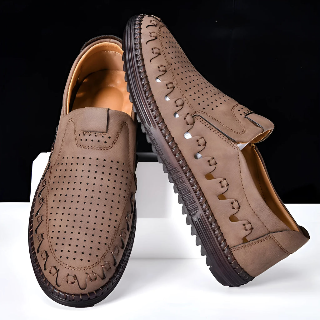 Men's brown handmade PU leather slip-on casual shoes with flat heel and round toe cap.