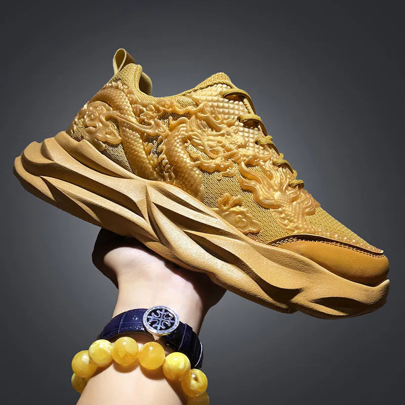 Chinese dragon themed casual sneakers with fly knit upper in four colour options