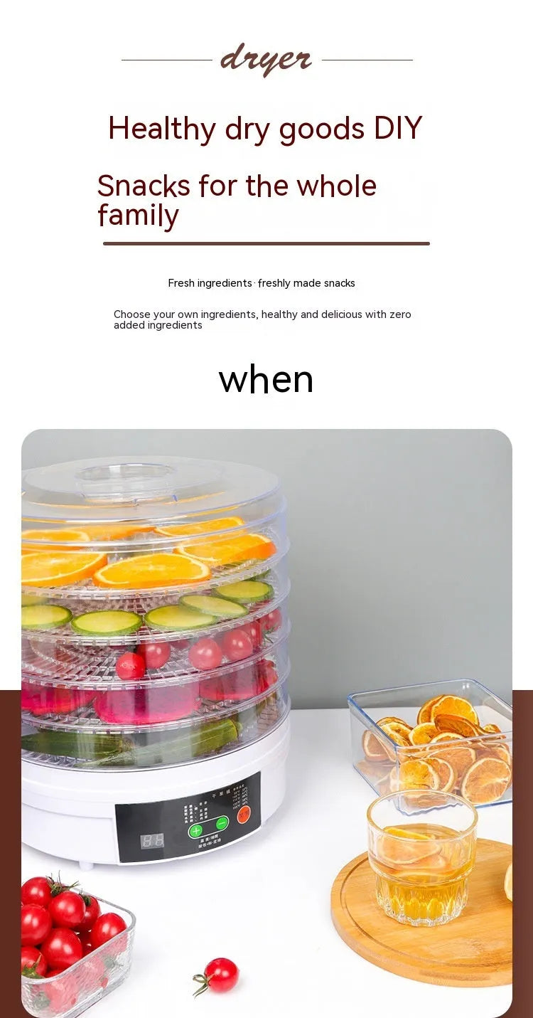 White five-layer food dehydrator with stackable mesh trays on a kitchen countertop.