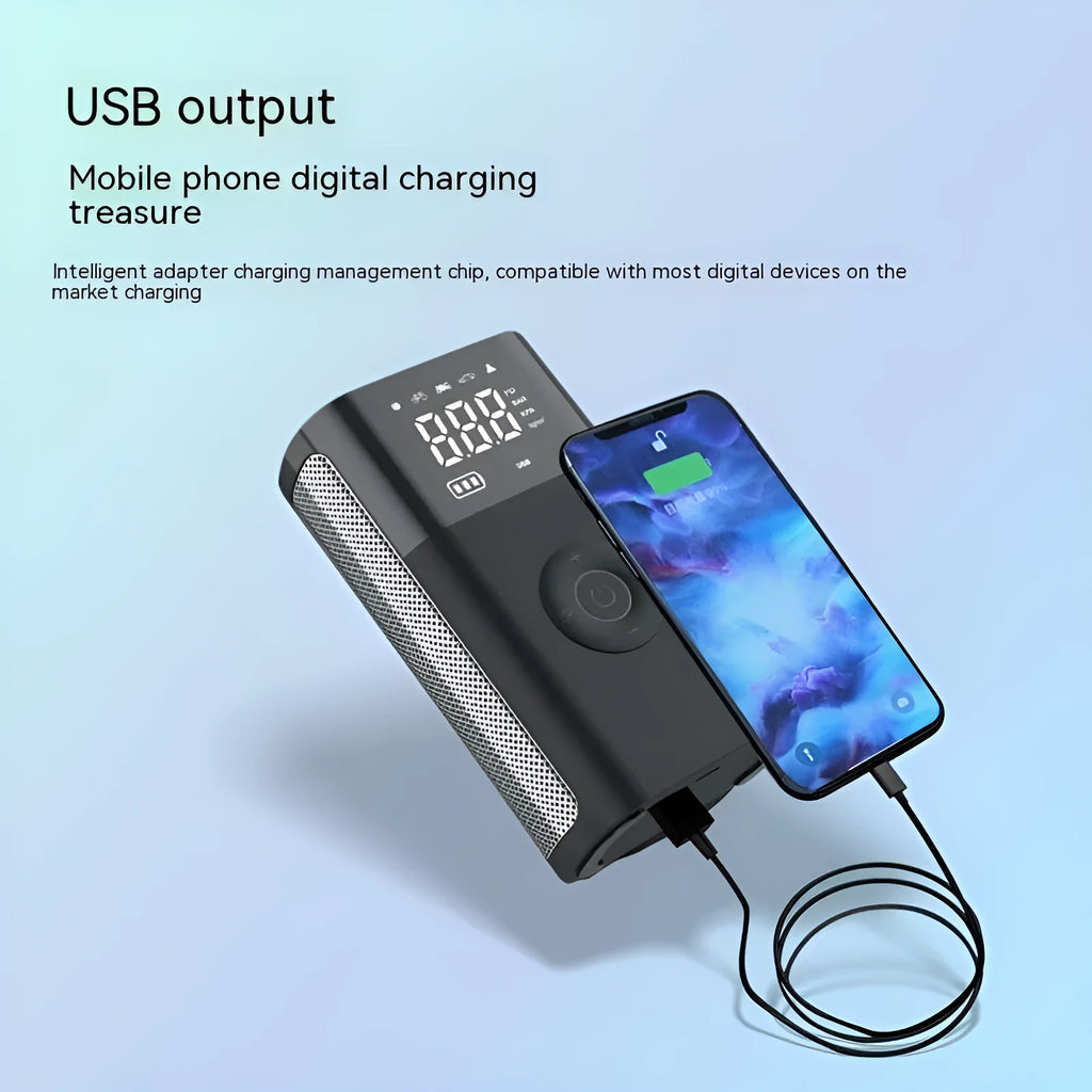 Wireless digital display air pump with LED light showing tyre pressure reading on screen