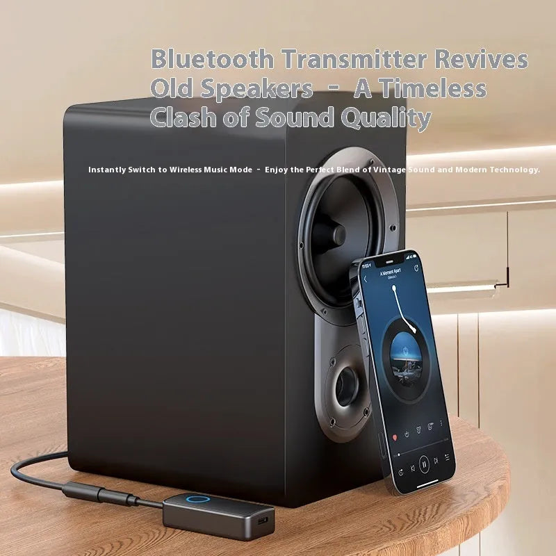 Black Bluetooth 5.4 audio adapter with 3.5mm plug for wireless streaming to car stereos and speakers